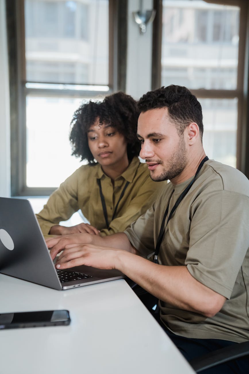 woman and man working together