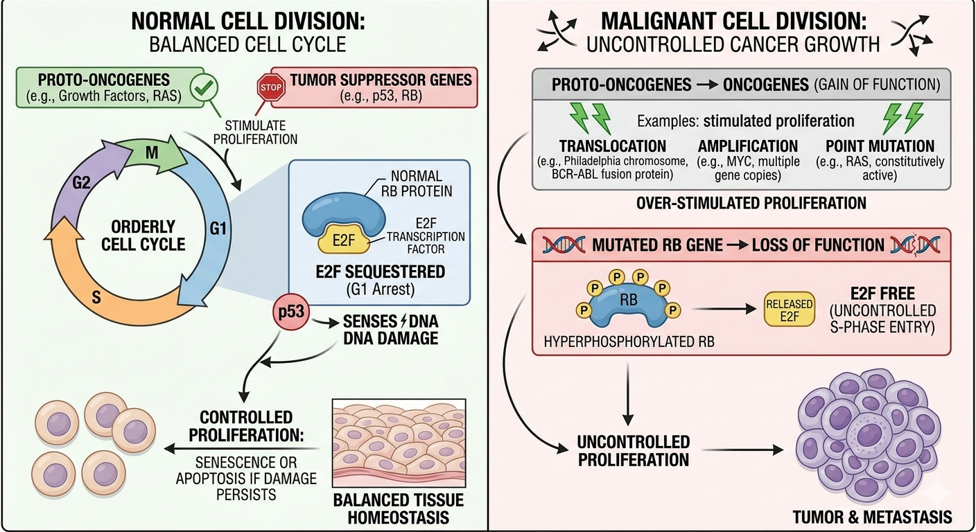 Comparative scientific diagram showing normal cell division where tumor suppressors and proto-oncogenes keep the cell cycle balanced versus malignant cell division. On the right, a mutated RB gene leads to hyperphosphorylated RB releasing E2F and a loss of function, while proto-oncogenes undergo translocation, amplification, or point mutation to achieve a gain of function, yielding uncontrolled cancer cells.