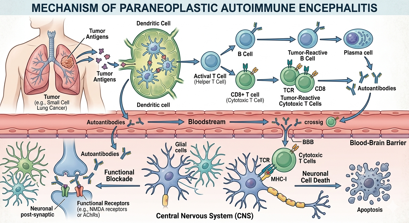Immunological diagram showing a tumor in the lungs or pelvis stimulating B and T cell activation. Antibodies and cytotoxic T cells cross the blood-brain barrier to target normal neuronal structures, leading to cell death or functional receptor blockade.