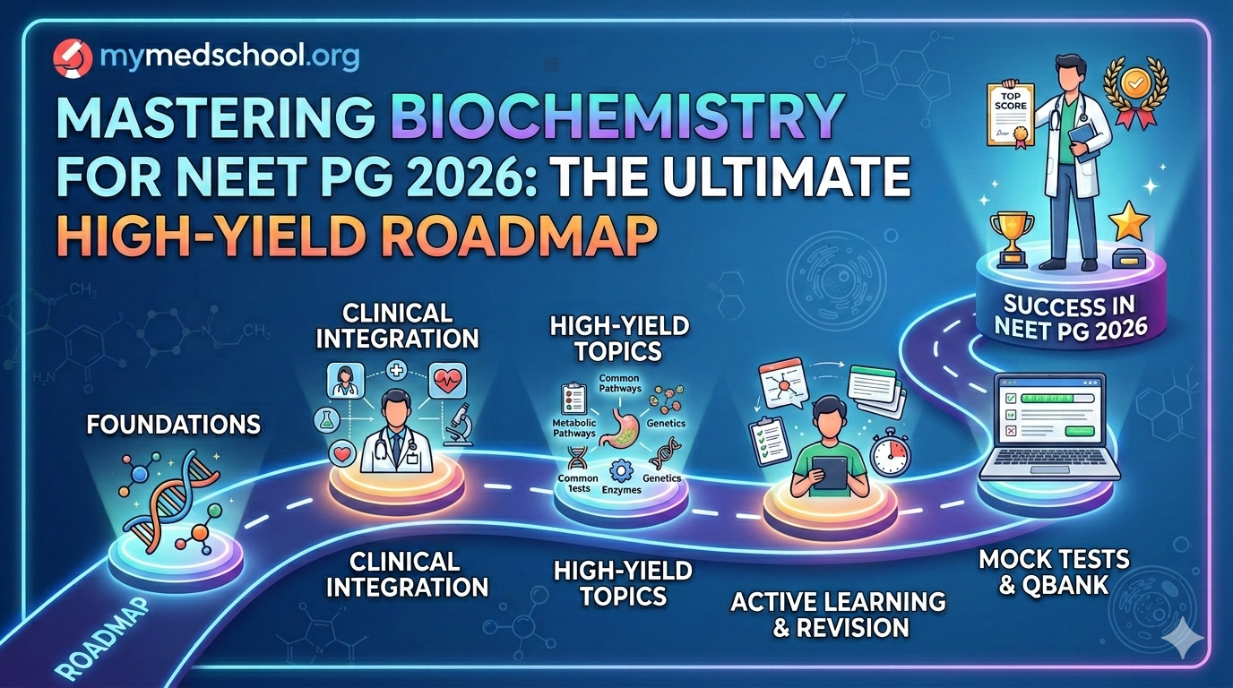 Master high-yield Biochemistry for NEET PG 2026. Learn clinical correlation strategies, rate-limiting enzyme matrices, and interactive exam tools to boost your score on mymedschool.org.